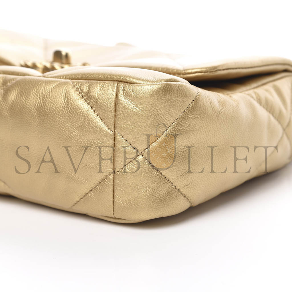 Ch*el 19 flap metallic goatskin quilted medium gold as0060 (26*16*9cm)